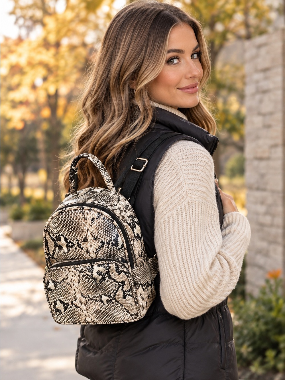 Mini Python-Pattern Backpack in Beige and Black